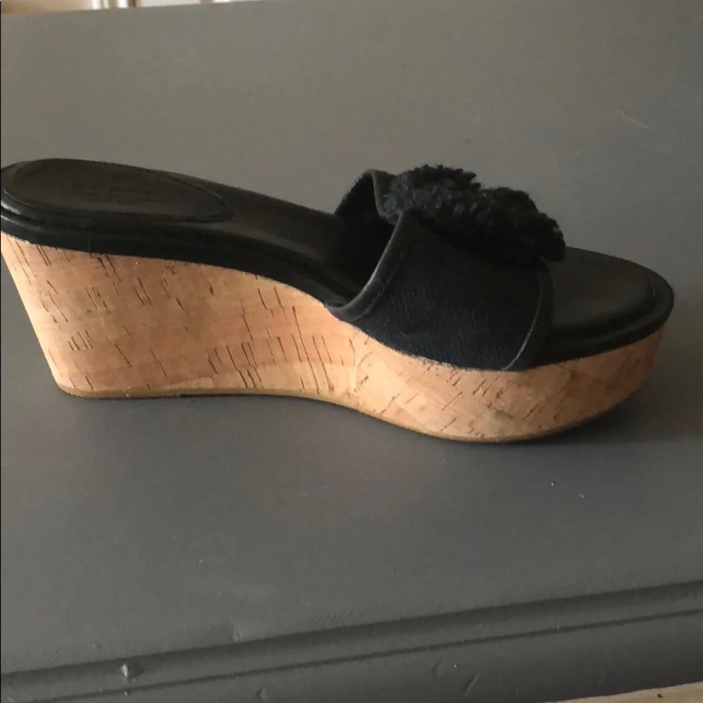 Coach Black Leather & Cork Wedge Slide Sandals - Picture 4 of 5